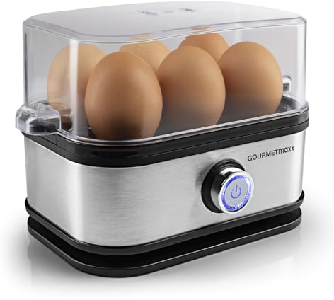 GOURMETmaxx Hervidor de huevos para 6 huevos. Hervidor de huevos con cortador de huevos en vaso medidor. Cocina para huevos con 3 grados de dureza, adecuada para cada huevera. Diseño de acero