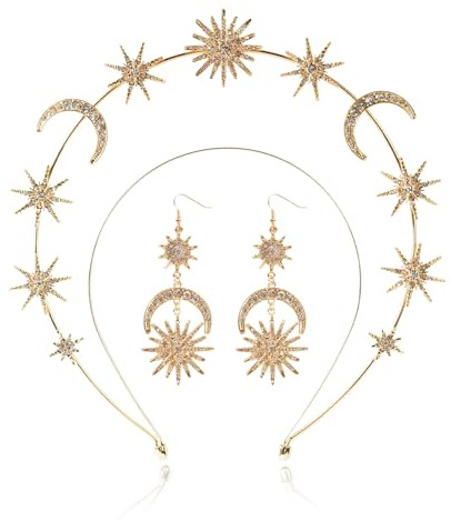 Halo Crown - Stars Crystal Goddess HeadBand with Earrings Mary Metal Halo Headpiece Celestial Crowns Tiaras for Women (moon crown hairpin)