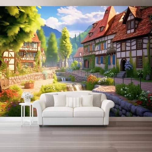 Papel pintado Motivo De Aldea, 250 x 175 cm Papel tapiz fotográfico personalizado no tejido para sala de estar y habitación infantil, Verde Marrón