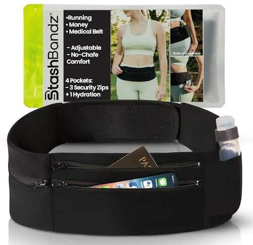 StashBandz Adjustable Running Belt - 3 Zippered Pockets + Water Bottle Holder, No-Bounce Travel Money Belt, Sports Fanny Pack, Waist Pack with Key Clip, Fits Any Size Phone, Passport & More