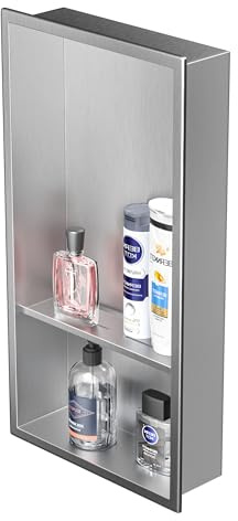 Bernkot Nicchia da parete in acciaio inox 304 spazzolato, 60 x 30 cm, doppio scaffale, doccia a scomparsa di nicchia per la conservazione del bagno, nessuna piastrella necessaria, nicchia tramite