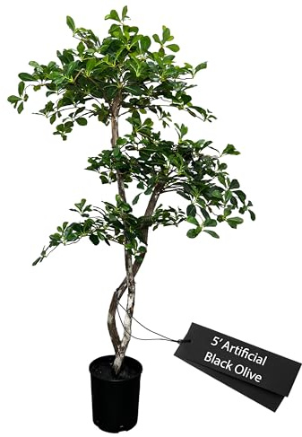 Cypress & Alabaster Handmade 5ft 3-Tier Black Olive Leaf Artificial Tree with Ethically Sourced Real Wood Trunks, Hypoallergenic, 5-Foot, Green