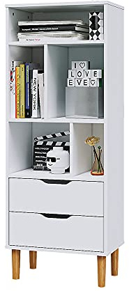 Panana Bookcase, Bookshelf Sideboard 5 Cube Storage 2 Drawers Unit Free Standing Wooden Cabinet For Living Room Bedroom Home Office 50.5 x 30 x 127 cm (White)