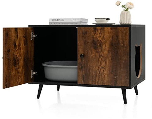 GOPLUS Caja de Arena para Gatos, Mueble Arenero Escondido con Doble Puerta, Compartimentos para Gatos, Casa de Mascotas de Interior, Lavabo Oculto para Gatos, Estilo Industrial, 80 x 50 x 57 cm