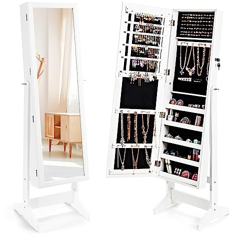 RELAX4LIFE Armoire à Bijoux sur Pieds avec Miroir 107X24 CM, Organisateur de Bijoux Scandinave à 5 Étagères avec Verrouillage à Clé pour Bagues Boucles d'Oreilles Bracelets (Blanc)