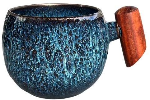 shizuro japanische Tasse mit Holzgriff - 230 ml - hochwertige Keramiktasse für Kaffee und Tee - nachhaltige asiatische vintage Teetasse - Retro modernes Design (Weiß Blau, 230ml)