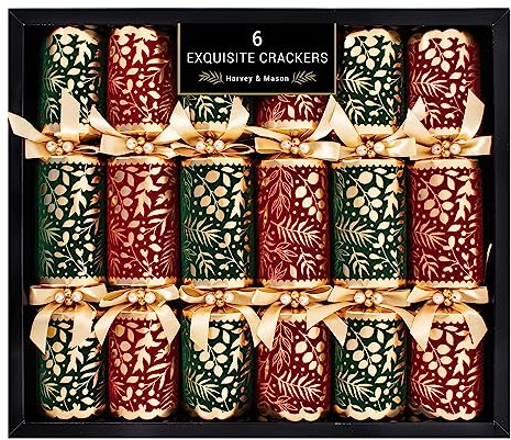 Harvey & Mason 6 Exquisite Flock Christmas Crackers - Deluxe Premium Red Green Gold Foliage Design, Xmas Dinner Party Celebration Recyclable