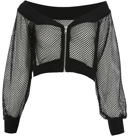 Festival Outfit Damen Techno Rave Oberteil Bauchfrei Crop Top Langarm Netz T-Shirt mit Kapuze Casual Kleidung Frauen Netzoberteil Netzpullover Schulterfrei Cropshirt f?r Party Strand Urlaub Schwarz L