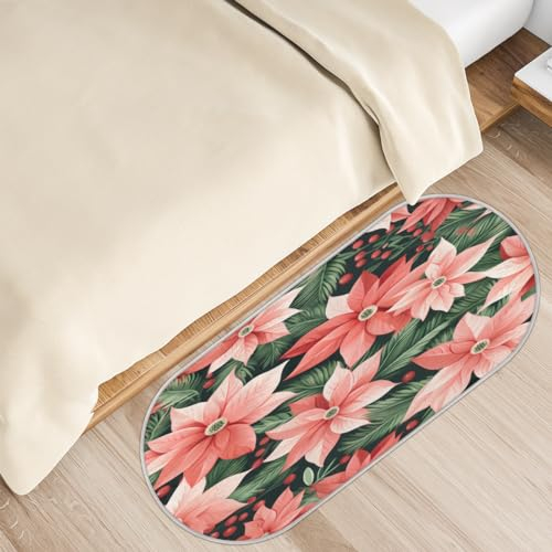 Badezimmerteppiche mit Weihnachtsstern, Blumen, Stechpalmenblättern, Beeren, rutschfest, Mikrofaser, Badematte, saugfähig, Küchenmatten und Teppiche, maschinenwaschbar, oval, Plüsch, Bodenmatte für