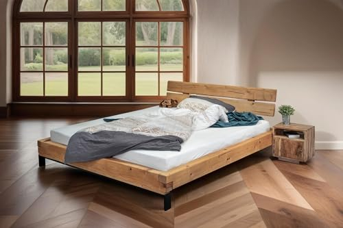 Bett11 SAM B-Ware Balkenbett Belize 200x200cm, Holzbett aus Fichtenholz bernsteinfarben, massiv, gebeizt + geölt, Massivholzbett mit geteiltem Kopfteil, jedes Bett EIN Unikat