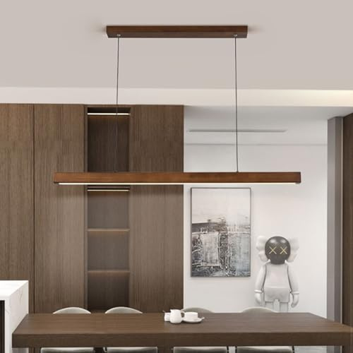 Suspension moderne en bois LED - Intensité variable - Design linéaire - Télécommande - Hauteur réglable - Salle à manger (noyer, 80 cm)