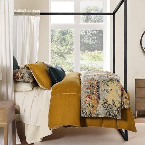 HiEnd Accents Provence Washed Linen 3 Piece King Comforter Set, Gold Yellow Victorian Print Classic Vintage Comforter, Toile Pattern Shabby Chic Bedding Set with Pillow Shams