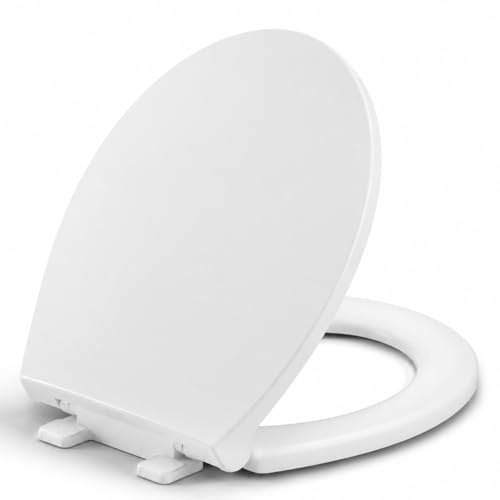 Round Toilet Seat, Standard 16.5” Slow/Soft Close Round Toilet Seat for Round Toilets, No-Slam Quiet-Close Lid, Easy-to-Install, White, Durable Never-Loosen Design