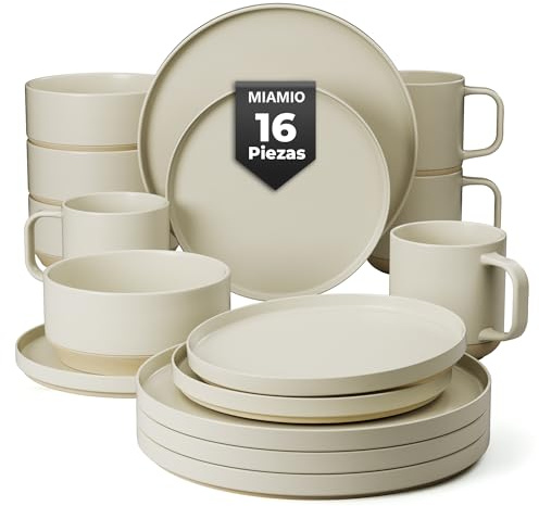 MIAMIO – Ensemble de Vaisselle pour 4 Personnes/Ensemble de 16 Pièces en Grès Beige/Convient au Lave-Vaisselle et au Micro-Ondes - Collection Sierra (Clair, Service de vaisselle (16x))