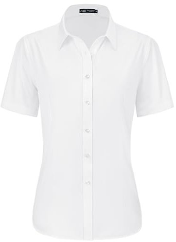 J.VER White Shirts for Women Summer Fitted Stretch Short Sleeve Business Casual Button Down Shirt Formal Dress Work Ladies Tops Blouses