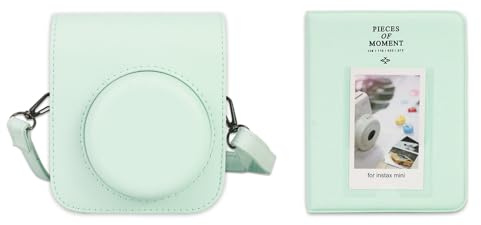 QICNMFA Étui pour appareil photo instantané Fujifilm Instax Mini 12/11, en cuir synthétique, avec bandoulière réglable et album photo à 64 compartiments, vert menthe, Moderne