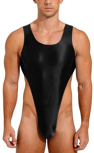 Men's Shiny Glossy Leotard Sleeveless U Neck High Cut Thong Low Back Style