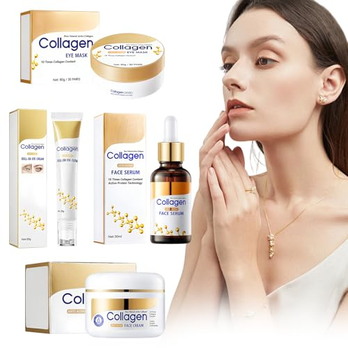 Wonsters Set de cuidado facial con colágeno de 4 piezas, incluye loción facial, sérum de colágeno, crema para el contorno de ojos y mascarilla para los ojos