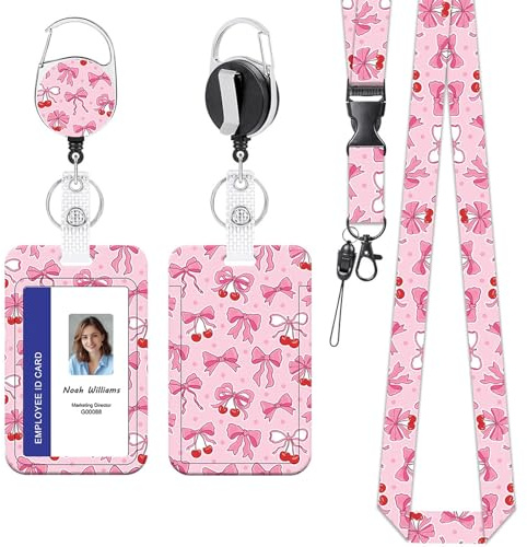 Pink Bow Lanyard with Card Holder & Retractable Badge Reel, ID Card Holders Neck Strap for Office Teacher Student, Autism Lanyard and Practical ID Badge Holder with Sliding Cover