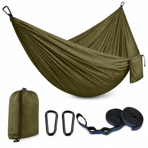 Hamaca Ultraligera Verde Militar para Exterior y Camping, Hamaca Colgante con Correas de fijación y Anillos en D, Carga hasta 300 kg para Jardín Balcón Terraza