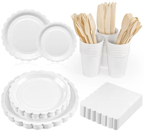 200 Pcs White Paper Plates 25 Guests Party Plates Cups and Napkins
