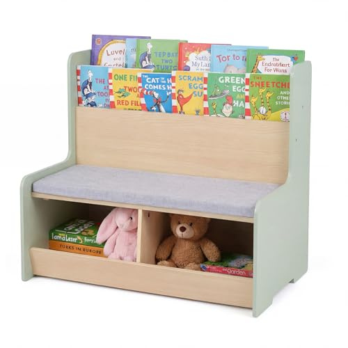 GYMAX Kids Bookcase with Bench, Wooden Children Bookshelf with Storage Cubbies, Shelves and Soft Seat Cushion, Toy Storage Organizer for Playroom Bedroom Nursery (80 x 48 x 74.5 cm,Green+ Gray)