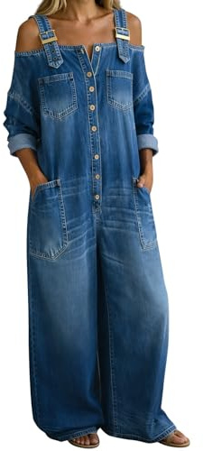 HUIFUAO Off Shoulder Denim Dungarees for Women Long Sleeve Button Front Wide Leg Adjustable Straps Jumpsuits Vintage Trendy Jean Overalls Casual Summer Going Out Rompers Playsuits with Pockets