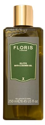 Floris London Elite - Gel doccia e bagno idratante (250 ml), fragranza legnosa e morbida, schiumogeno delicato, arricchito con olio d'oliva per ammorbidire la pelle e prevenire la perdita di umidità