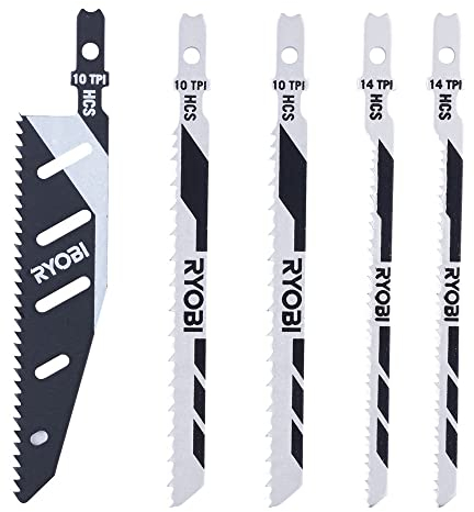 RYOBI - Juego de 5 Hojas para Sierra de Calar - 1 Hoja de Bayoneta para Madera/Plástico Flushcut, 2 Hojas de Calar para Madera, 2 Hojas Invertidas para Madera/Plástico - Montaje Universal - RAK05JSBFC