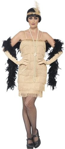 Smiffys Costume jeune fille délurée années 20, Doré, avec robe courte, bandeau et gants Halloween