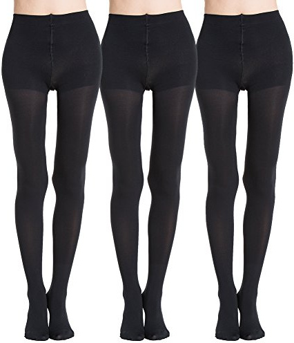 MANZI 3 Pairs Run Resistant Control Top Panty Hose Opaque Tights, Black, L