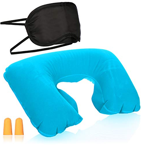 com-four® 3-teiliges Reise-Set - aufblasbares Nackenkissen, Augenmaske und Ohrstöpsel - Reisezubehör für Flugzeug, Auto, Bus und Bahn (türkis)