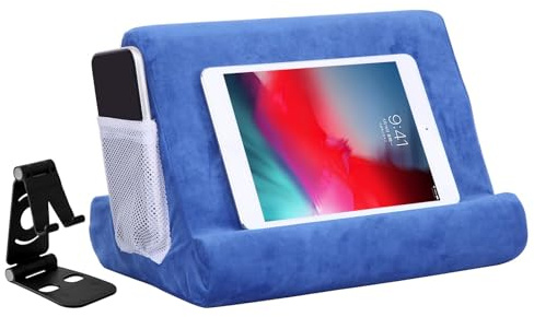 2pcs Multi-Angle Tablet Holder Cushion Stand with Net Pocket & Black Color Phone Stands Upgraded Tablet Pad Support for Phone,Pad,Books (Blue)