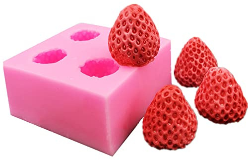 Lsydgn - Molde de fresa, 4 cavidades, molde de silicona, cuatro fresas 3D, antiadherente, fácil de limpiar, reutilizable, adecuado para decoración de pastel de gelatina de chocolate, herramienta de