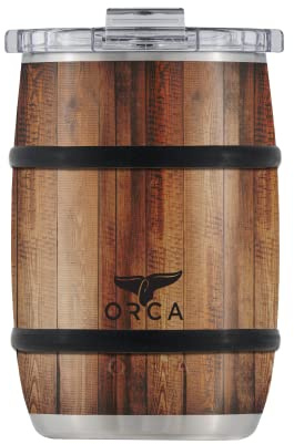 ORCA Barrel 12oz | Temperature Insulated, Stainless Steel Tumbler with a Classy Wood Grain Print, for Whiskey, Beer, or Coffee — Dark Oak