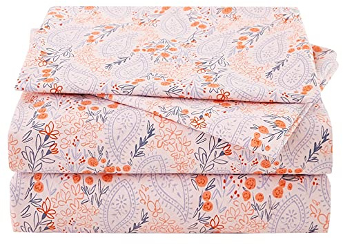 JSD Pink Floral Sheet Set King Size, Blue Paisley Print Microfiber Bed Sheets 4 Piece, Soft Wrinkle Free