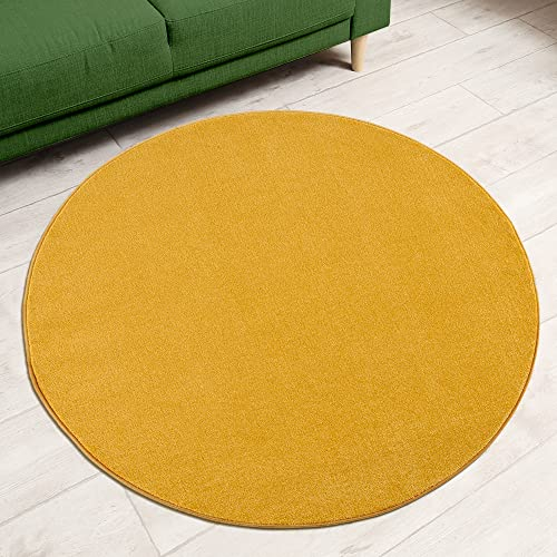 Impression Kurzflor-Wohnzimmerteppich - Schlichte Moderne Teppiche für Schlafzimmer, Büro, Flur, Küche, Kinderzimmer - Gelb, 120 cm Rund