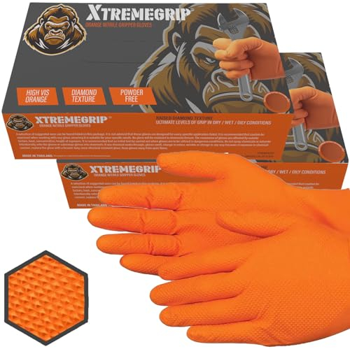 Xtremeauto Nitrile Gloves - Disposable, Diamond Grip Orange, Powder-Free & Latex-Free - Extra Thick & Strong Rubber for Mechanics (2 Boxes, Extra Large)