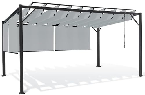 IDMarket - Pergola edizione Lusso Lame orientabili 3x4 M e 4 Tende Grigio Chiaro