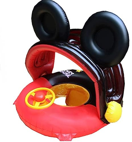 Arcimatto Baby Swimming Pool Floats with Removable Sun Protection Canopy, Inflatable Raft with Seat and Steering Wheel, No Flip Over Kids Infants Boat Swim Ring for Toddlers 6-36 Months (Red Mouse)