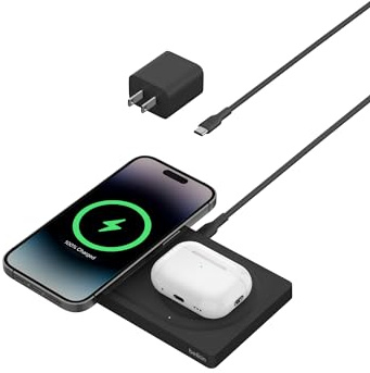 Belkin 2-in-1 Wireless Charging Pad with MagSafe 15W, Fast Charging iPhone Charger - Wireless Charging Station for iPhone 17, 16, 15, and 14 Series, AirPods, and Other MagSafe Enabled Devices - Black