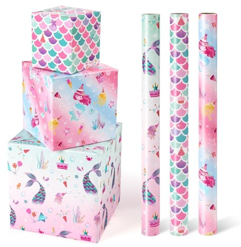 Rollos de Papel de Regalo de Sirena - 3 Rollos 43 cm x 3 m Rollos de Papel de Regalo de Cumpleaños para Niñas Sirena Rosa con Líneas de Corte