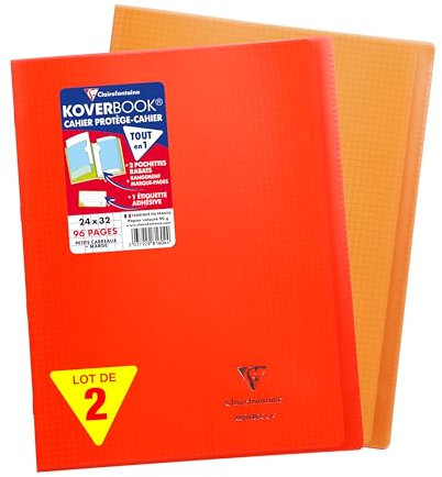 Clairefontaine 981604AMZC Un lot de 2 Cahiers Agrafés Koverbook - 24x32 cm - 96 Pages Petits Carreaux avec Marge 90 g - Couverture Polypro - Couleurs assorties (Rouge et Orange)