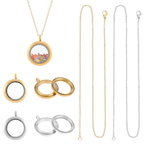 UNICRAFTALE 2 Sets 2 Farben Memory Medaillon Anhänger 304 Edelstahl Leerzeichen Flache Runde Schwimmende Medaillon Anhänger Goldene Halskette Mit Glas Foto Anhängern Für Herstellung Halskettenschmuck