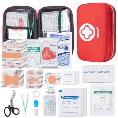 PTEROMY Kit de premiers secours portable de 300 pièces, trousse de premiers secours compacte avec étui de rangement rigide pour voiture, voyage, maison, camping, plein air, randonnée