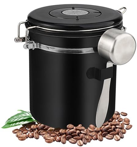 Bocal hermétique (1,5L),Boîte à café hermétique,Equipé d'une cuillère en acier inoxydable pour garder les aliments frais,adapté pour conserver les grains de café,les épices et les fruits secs (noir)