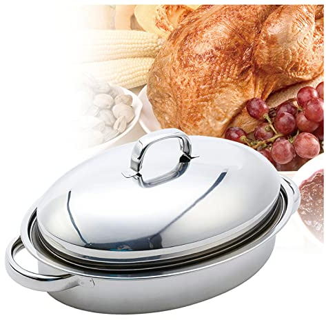 CTCOIJRN Roasting Pan Oval Roaster with Stainless Steel Lid and Polished Rack Turkey Chicken Roaster Elliptical Steamed Fish Pot Multi-use Cookware for Tender Roast, Deep Dishes(Regular)