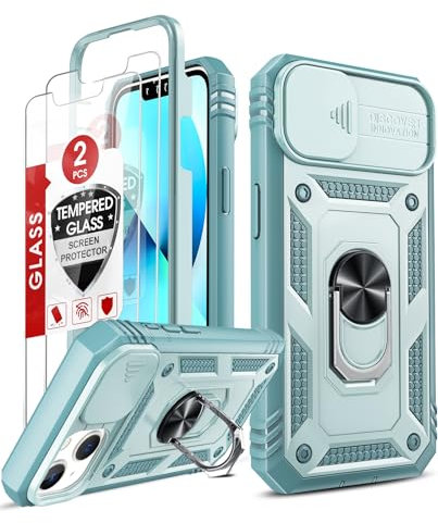 LeYi Coque pour iPhone 13 6.1(Pas 13 Pro Max/13 Pro) avec 2*Verre Trempé+Anneau Support,Full Protection de la Caméra en PC Dur Anti-Chut Renforcée Armor Heavy Duty Antichoc Bumper Housse Etui，Vert