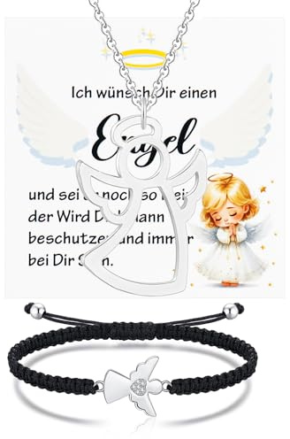 Henjunu Pulsera Ángel de la Guarda Mujer Plata (ajustable), Collar Ángel de la Guarda para Niñas, Regalo de Comunión para Niñas, Set de Joyería Ángel de la Guarda con Tarjeta + Caja de Regalo