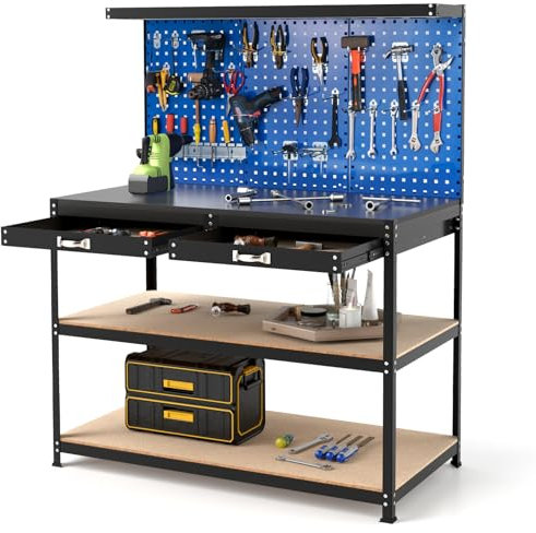 GYMAX Banco de Trabajo de 121 x 61 cm con Panel Perforado, Mesa de Trabajo con 24 Ganchos para Herramientas, Cajones y Estantes Abiertos, Estación de Trabajo de Capacidad de 230 kg (Azul)
